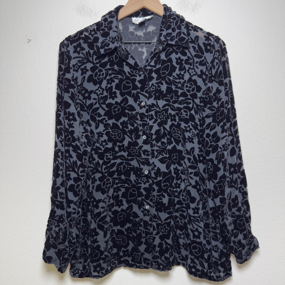Suchada Women Silk Fairy Button Down Large Black Burnout Velvet Floral Sheer